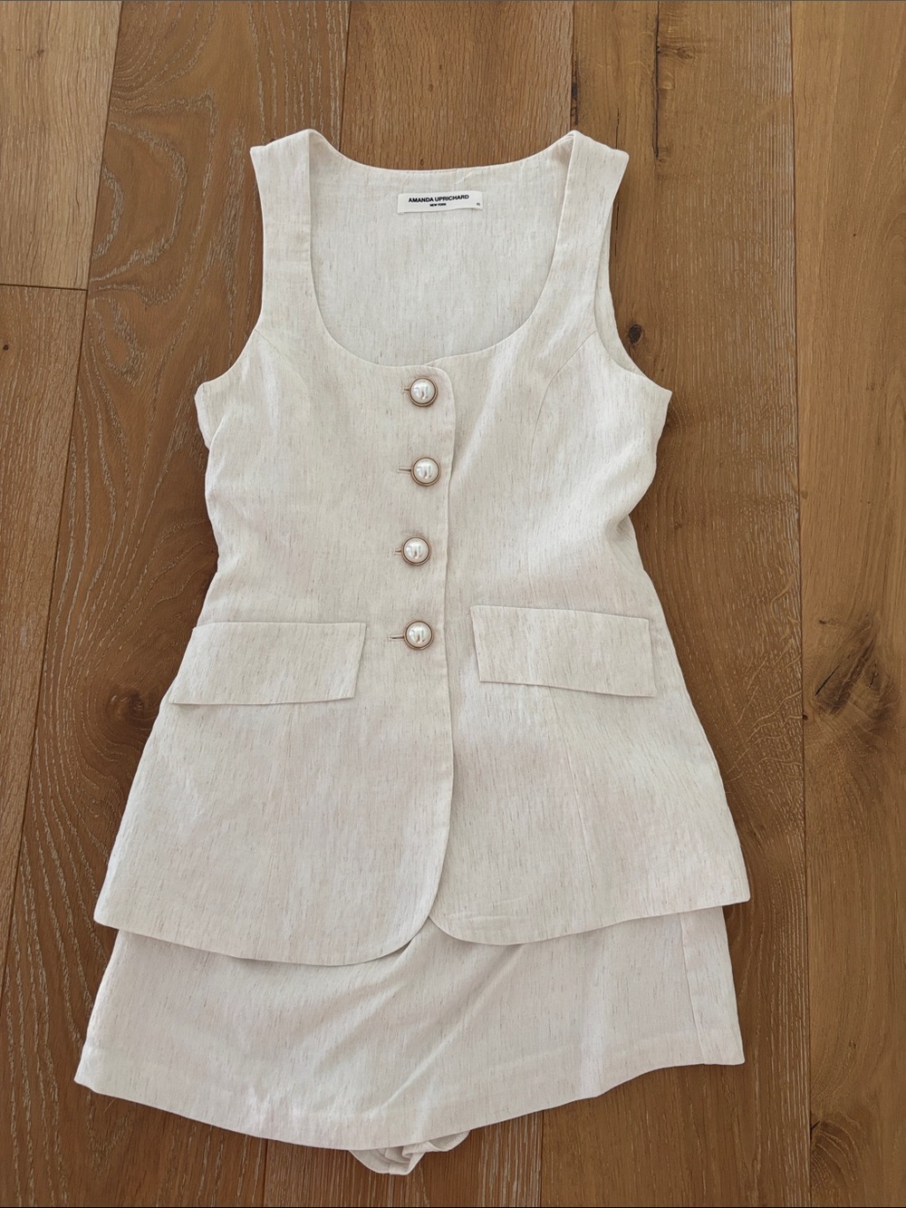 Amanda Uprichard Cream Textured Linen-Blend Romper